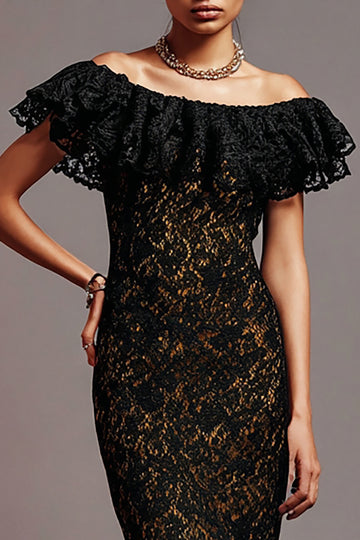 Black Lace Mermaid Off the Shoulder Long Formal Dress with Ruffles